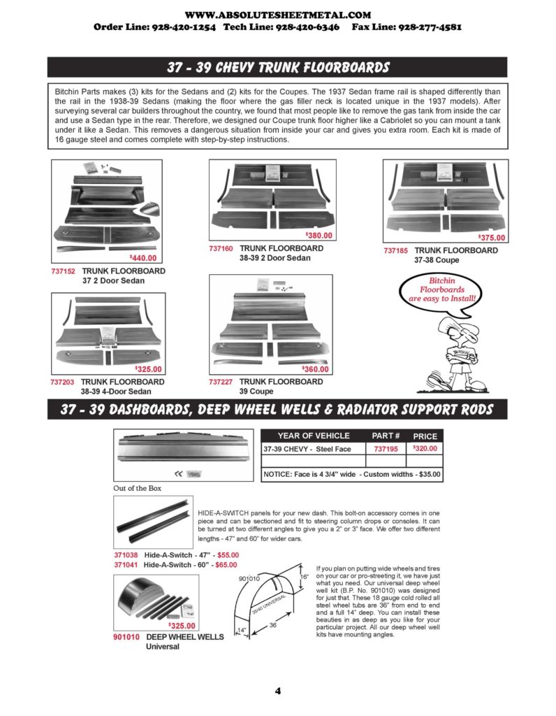 Bitchin Parts Absolute Sheet Metal 1937 - 1939 Chevy Cars Trunk Floorboards Deep Wheel Wells Radiator Support Rods Dashboards