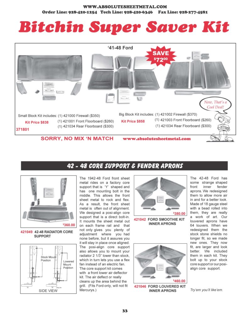 Bitchin Parts Absolute Sheet Metal 1941 - 1948 Ford Cars Super Saver kits Core Support Fender Aprons