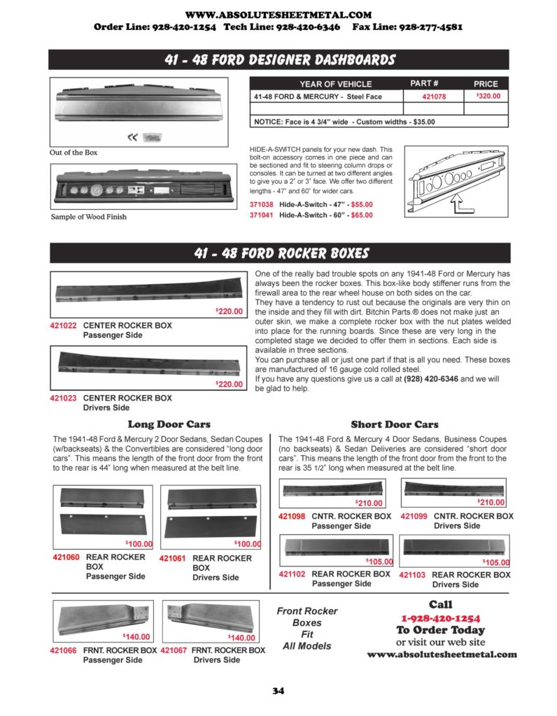 Bitchin Parts Absolute Sheet Metal 1941 - 1948 Ford Cars Designer Dashboards Rocker Box