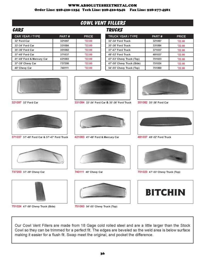 Bitchin Parts Absolute Sheet Metal 1941 - 1948 Ford Cars and Trucks Cowl Vent Fillers