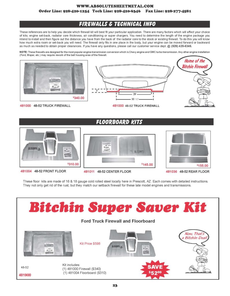 Bitchin Parts Absolute Sheet Metal 1948 - 1952 Ford Cars Firewalls FLoorboard Kits Super Saver Kits