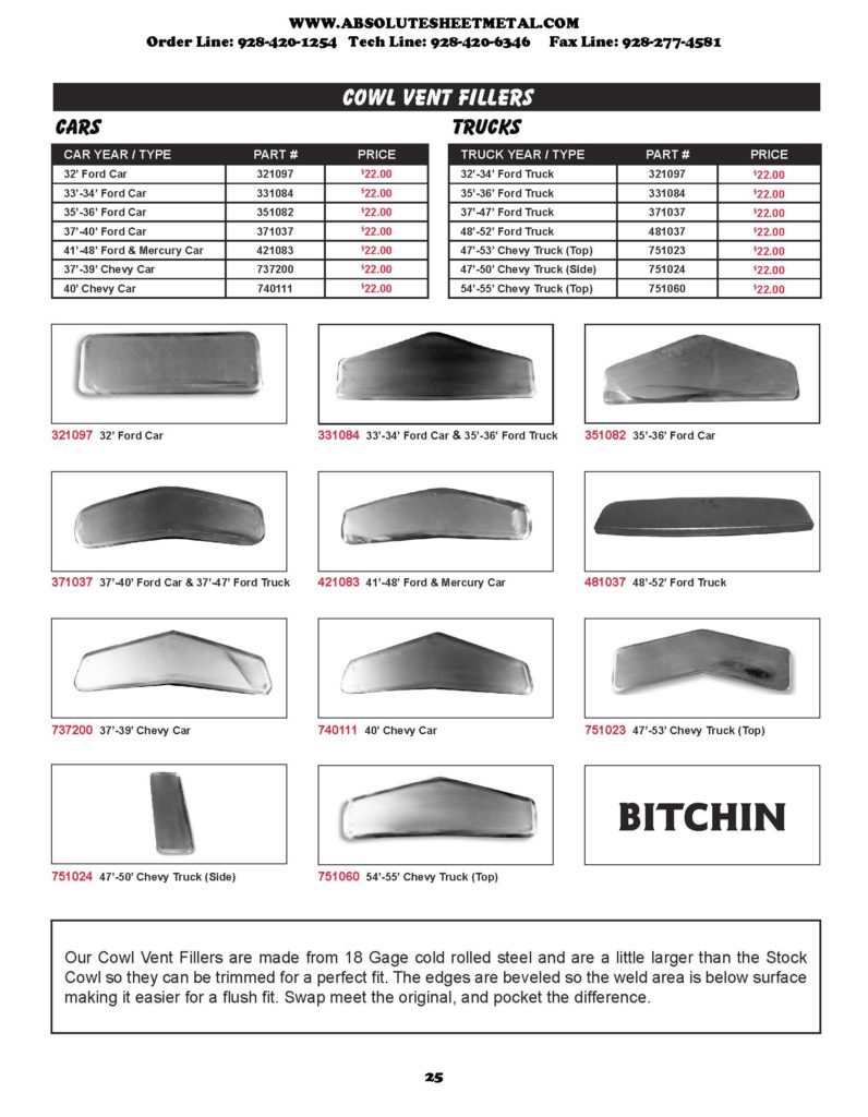 Bitchin Parts Absolute Sheet Metal 1948 - 1952 Ford cars Cowl Vent Fillers