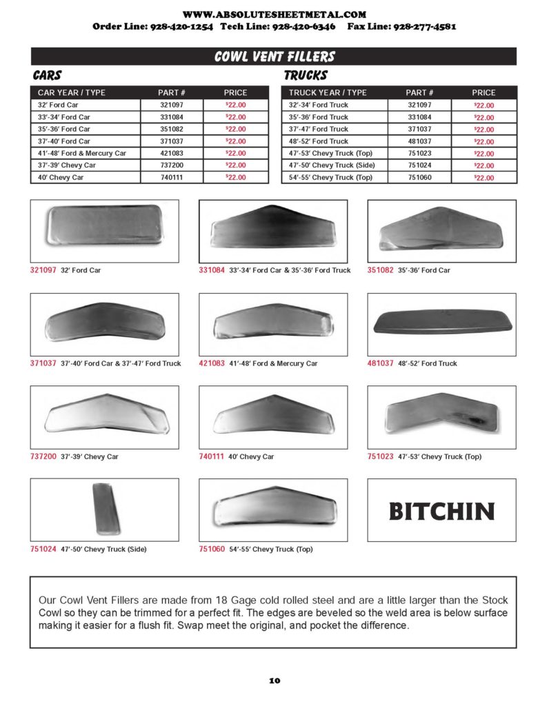 Bitchin Parts Absolute Sheet Metal 1955 - 1959 Chevy Trucks Firewalls Cowl Vent Filler